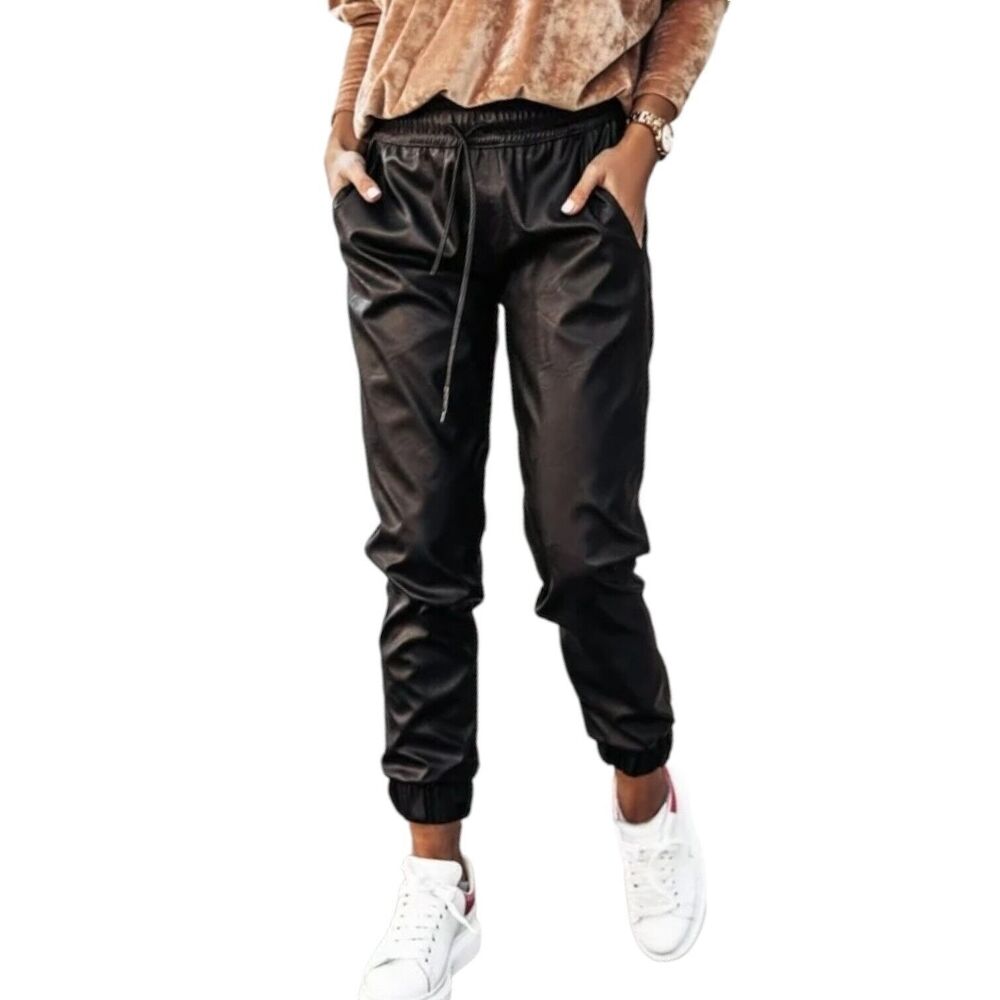 SKYLAR +‎ MADISON Black Faux Leather Joggers Track Pants Ankle Zip Women's S